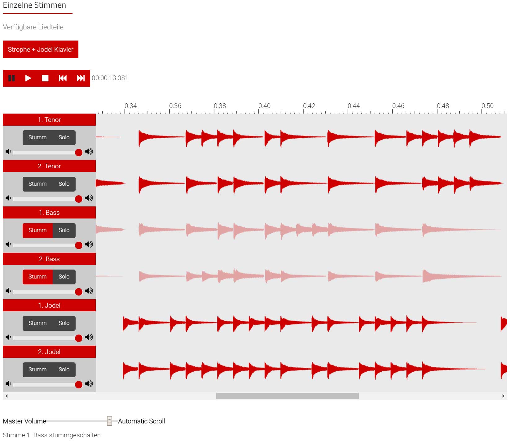 Bildliche Darstellung von Demonstration der Funktion der einzelnen Stimmen. Im Beispiel ist die Stimme des 1. und des 2. Basses stummgeschalten. Drückt der Benutzer nun auf den 